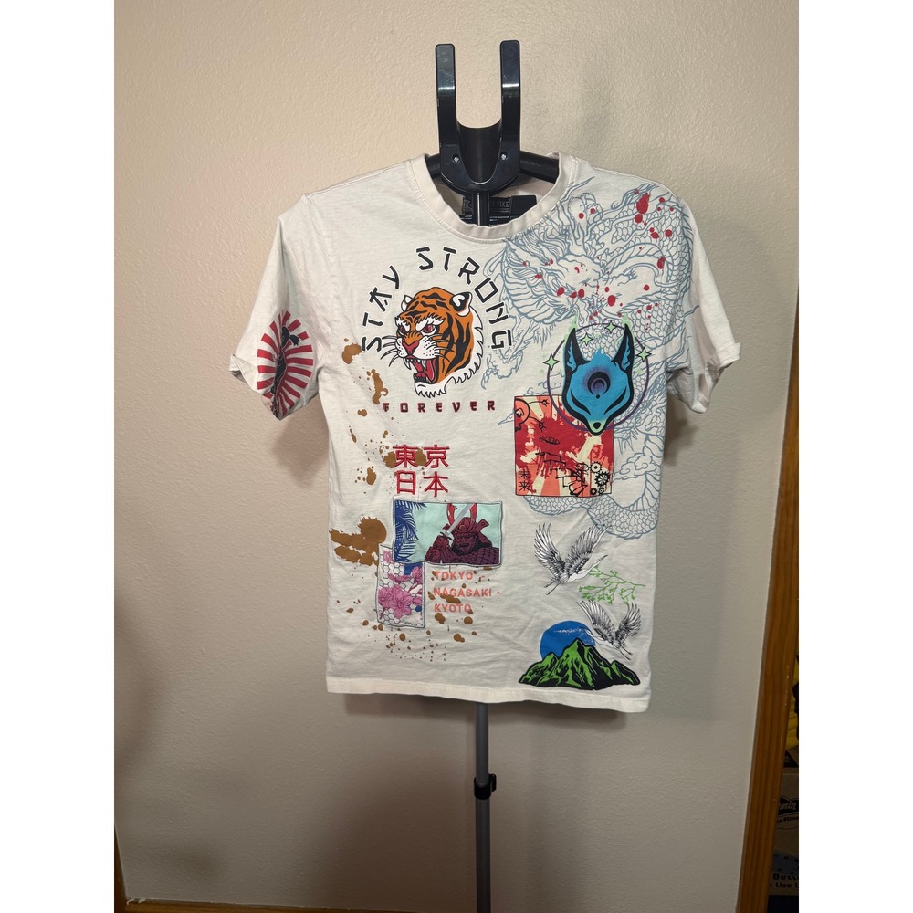Black Pike Mens Graphic Tee White Stay Strong Japanese Tiger Kitsune‎ Samurai S